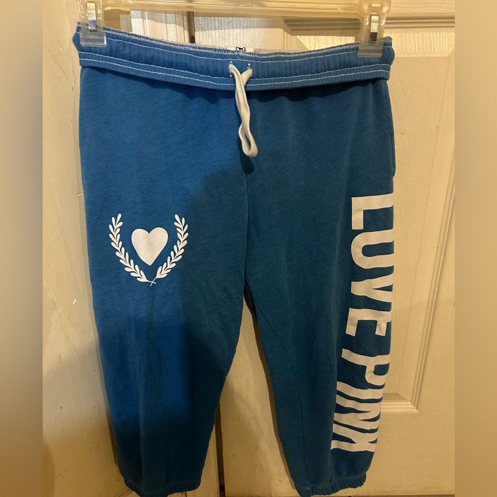 Victoria’s Secret Pink classic crop sweatpants teal with white logo XS